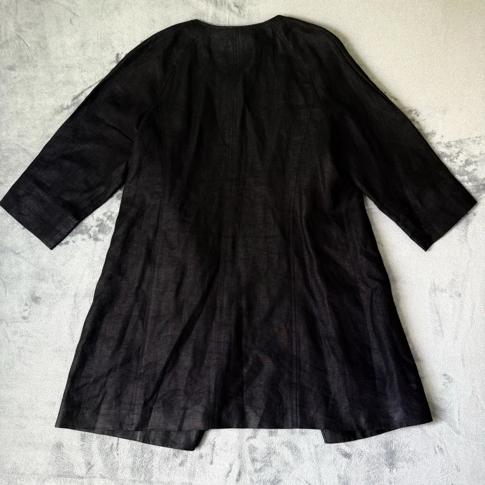 Talbots Jacket Size Large Solid Black 100% Irish Linen Long Blazer Coat Topper - Picture 2 of 6